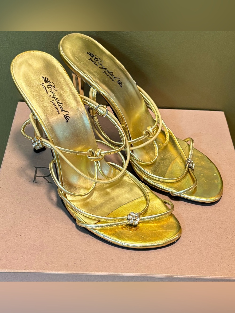 Crystal Gold Rhinestone Strappy Mule Heels Size 7.5